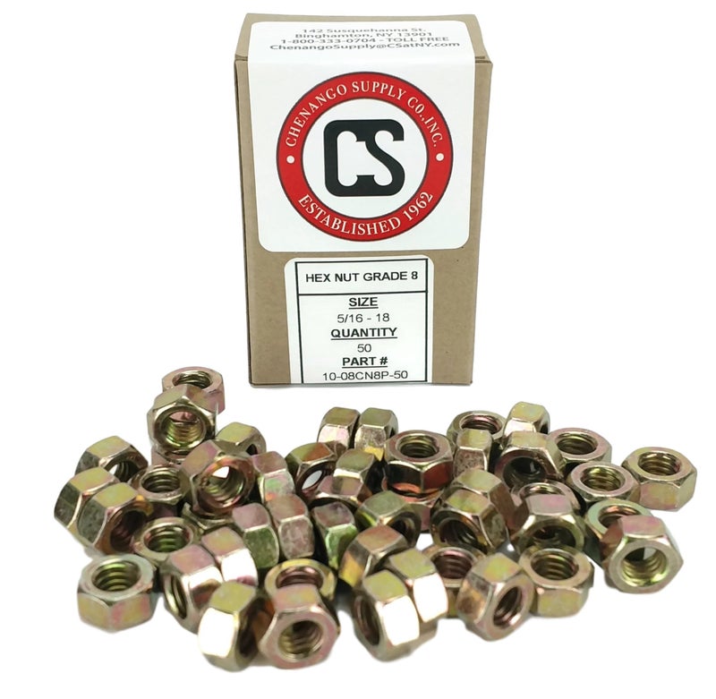 Chenango Supply 5/16-18 Grade 8 Hex Nuts â€“ Alloy Steel, Yellow Chromate Zinc, USS Coarse Thread, High-Strength Hardened Hex Nuts, 50 Pieces - Image 2